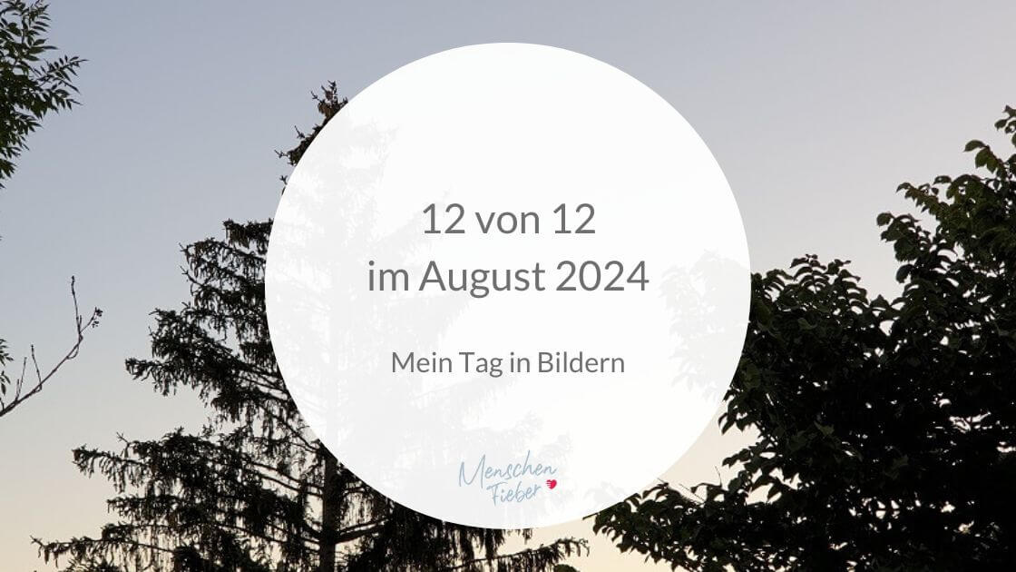 Baumwipfel in der Morgensonne mit der Aufschrift: 12 von 12 im August 2024 - Mein Tag in Bildern