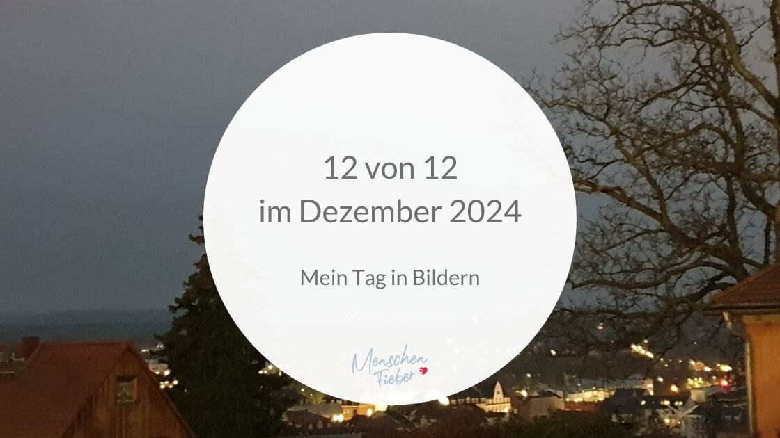 Blick von oben auf eine Stadt im Morgengrauen und die Aufschrift: 12 von 12 im Dezember 2024 - Mein Tag in Bildern